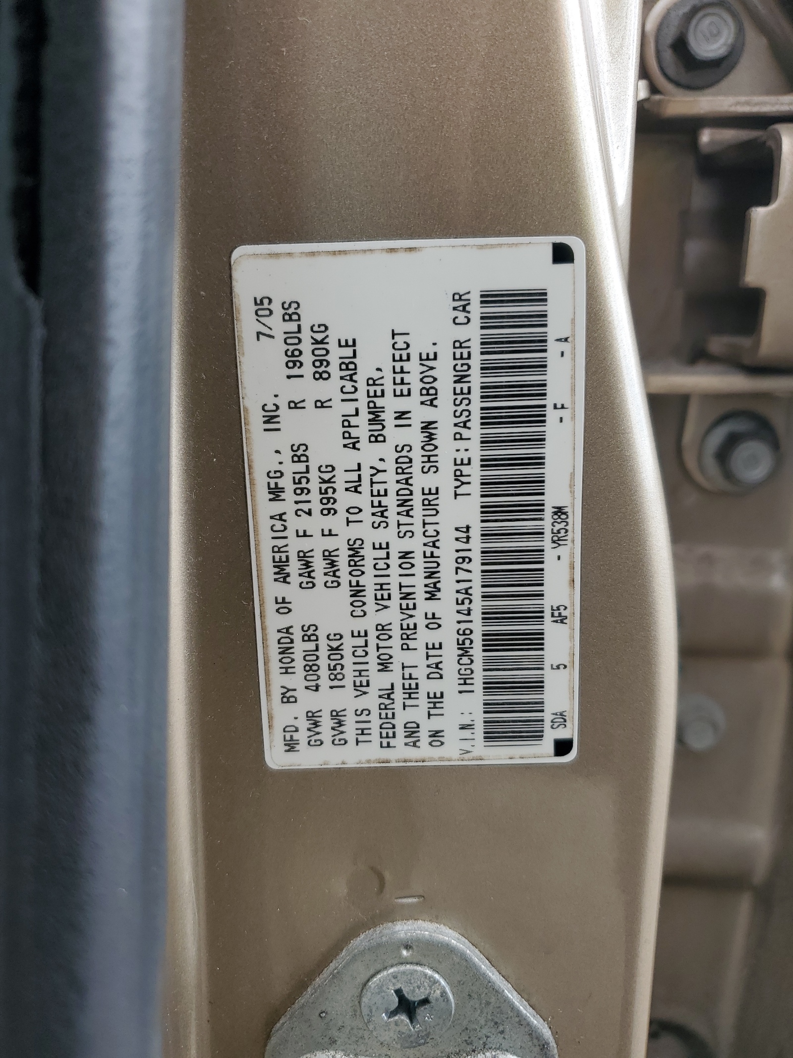 1HGCM56145A179144 2005 Honda Accord Dx