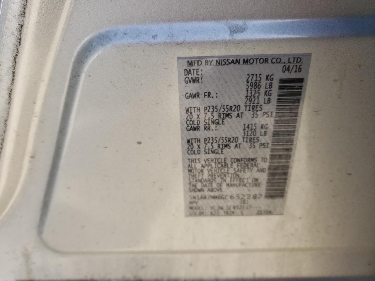 2016 Nissan Pathfinder S VIN: 5N1AR2MM6GC652287 Lot: 67641944