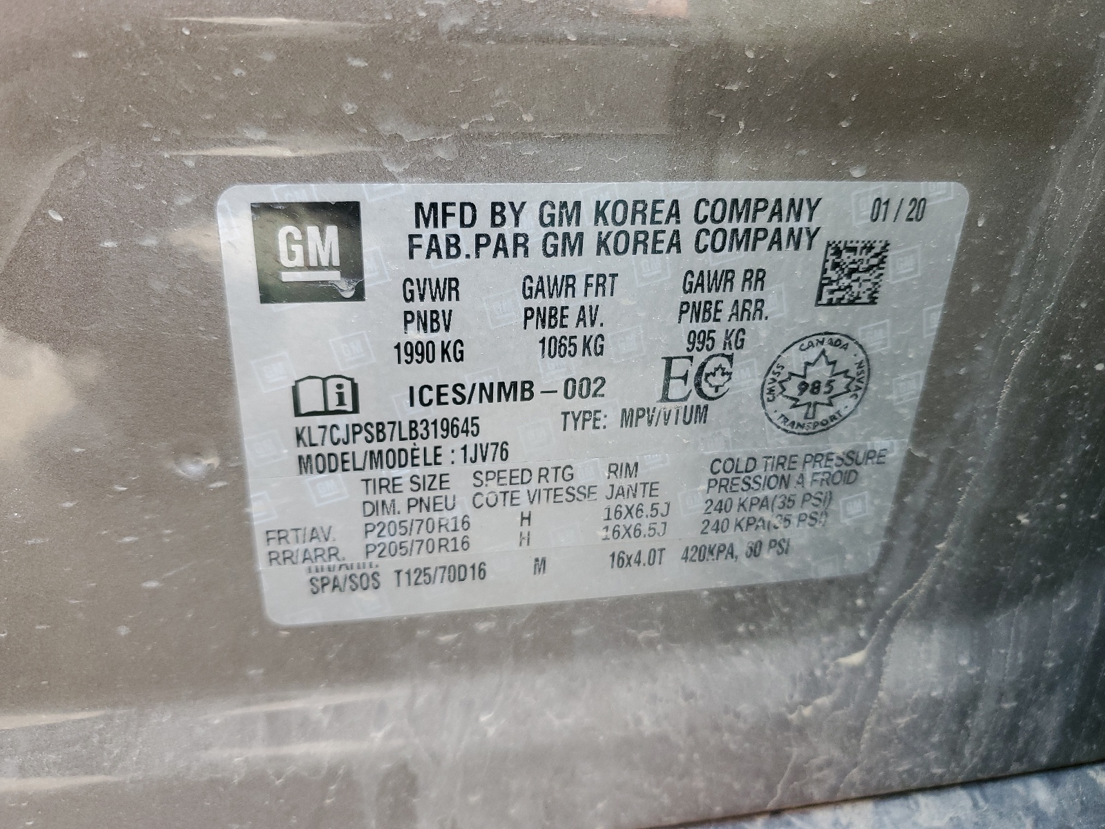 KL7CJPSB7LB319645 2020 Chevrolet Trax 1Lt