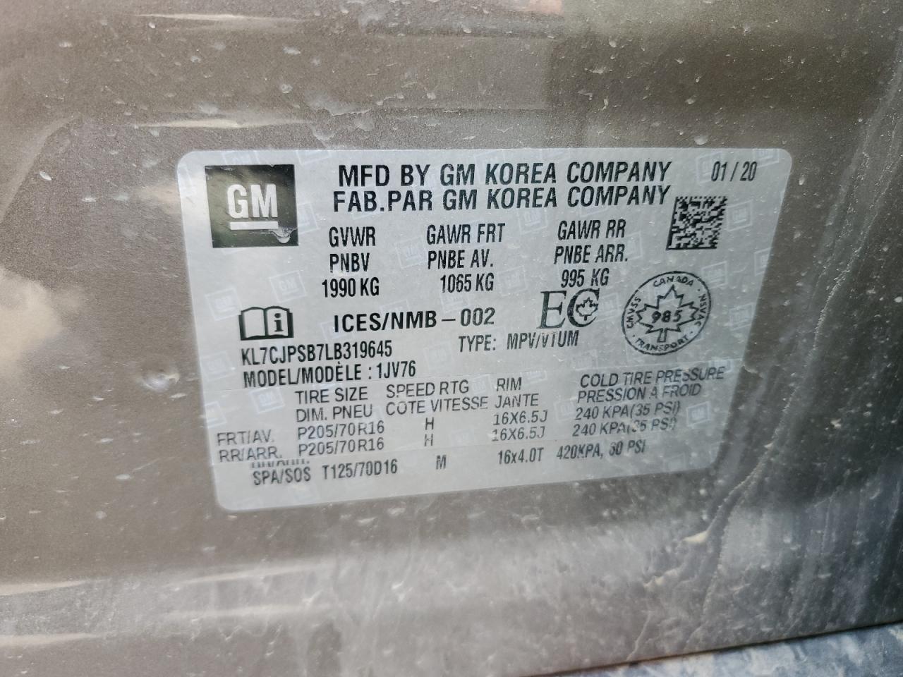 2020 Chevrolet Trax 1Lt VIN: KL7CJPSB7LB319645 Lot: 68361364