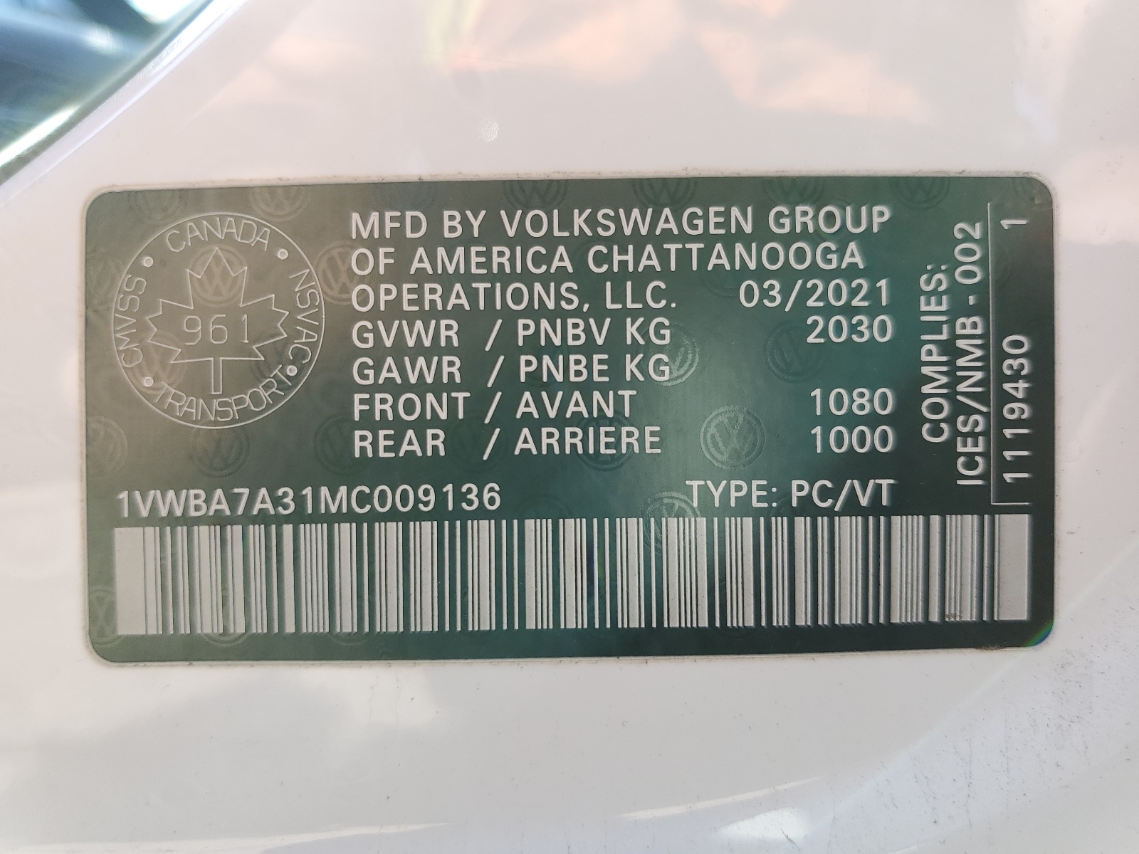 1VWBA7A31MC009136 2021 Volkswagen Passat Highline
