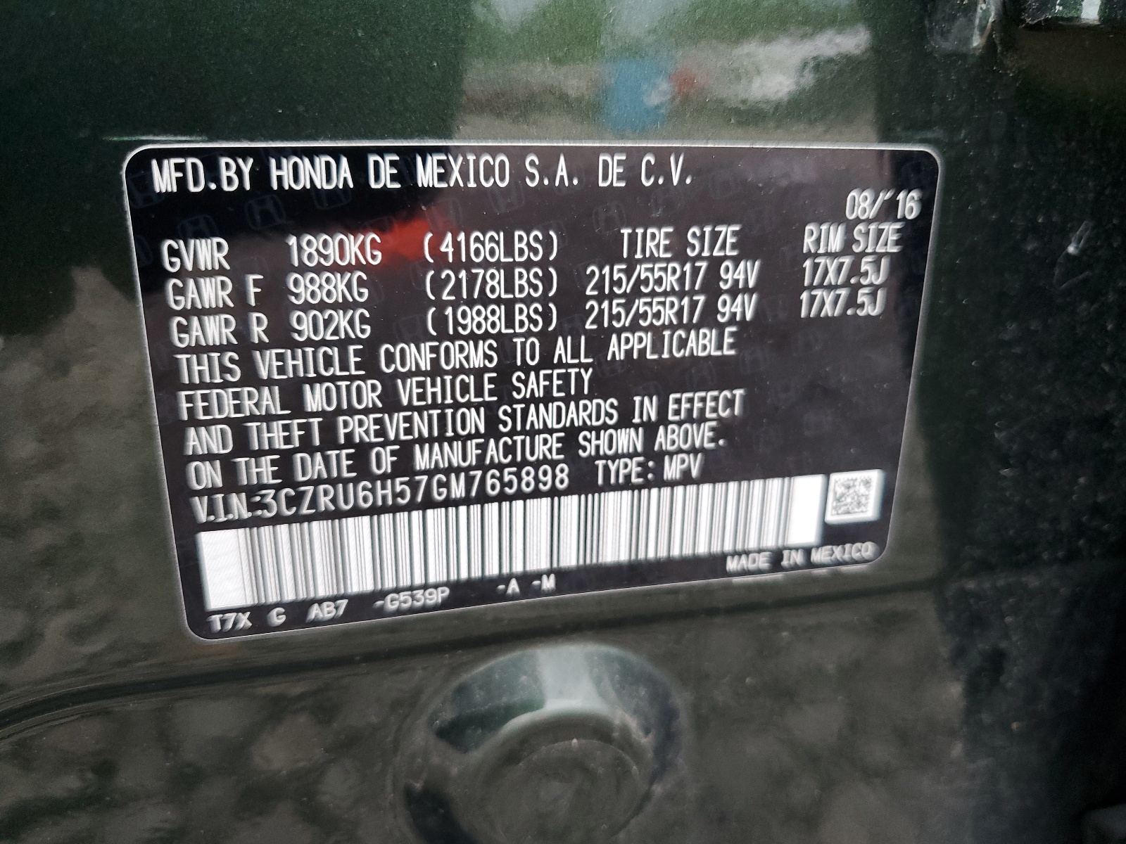 3CZRU6H57GM765898 2016 Honda Hr-V Ex