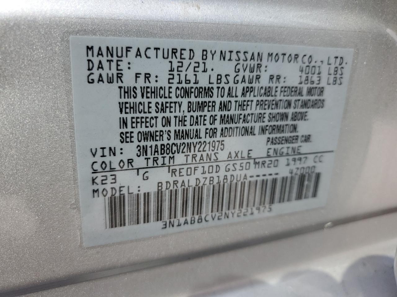 2022 Nissan Sentra Sv VIN: 3N1AB8CV2NY221975 Lot: 68234614