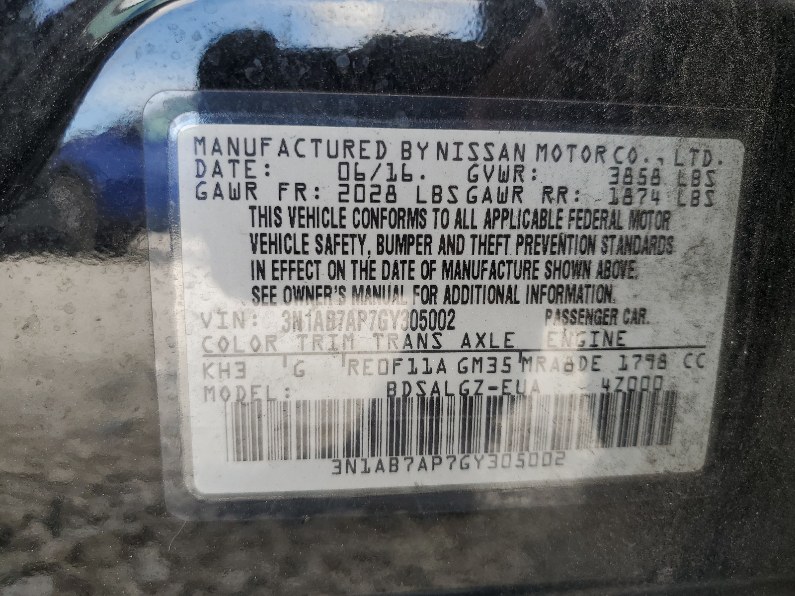 3N1AB7AP7GY305002 2016 Nissan Sentra S