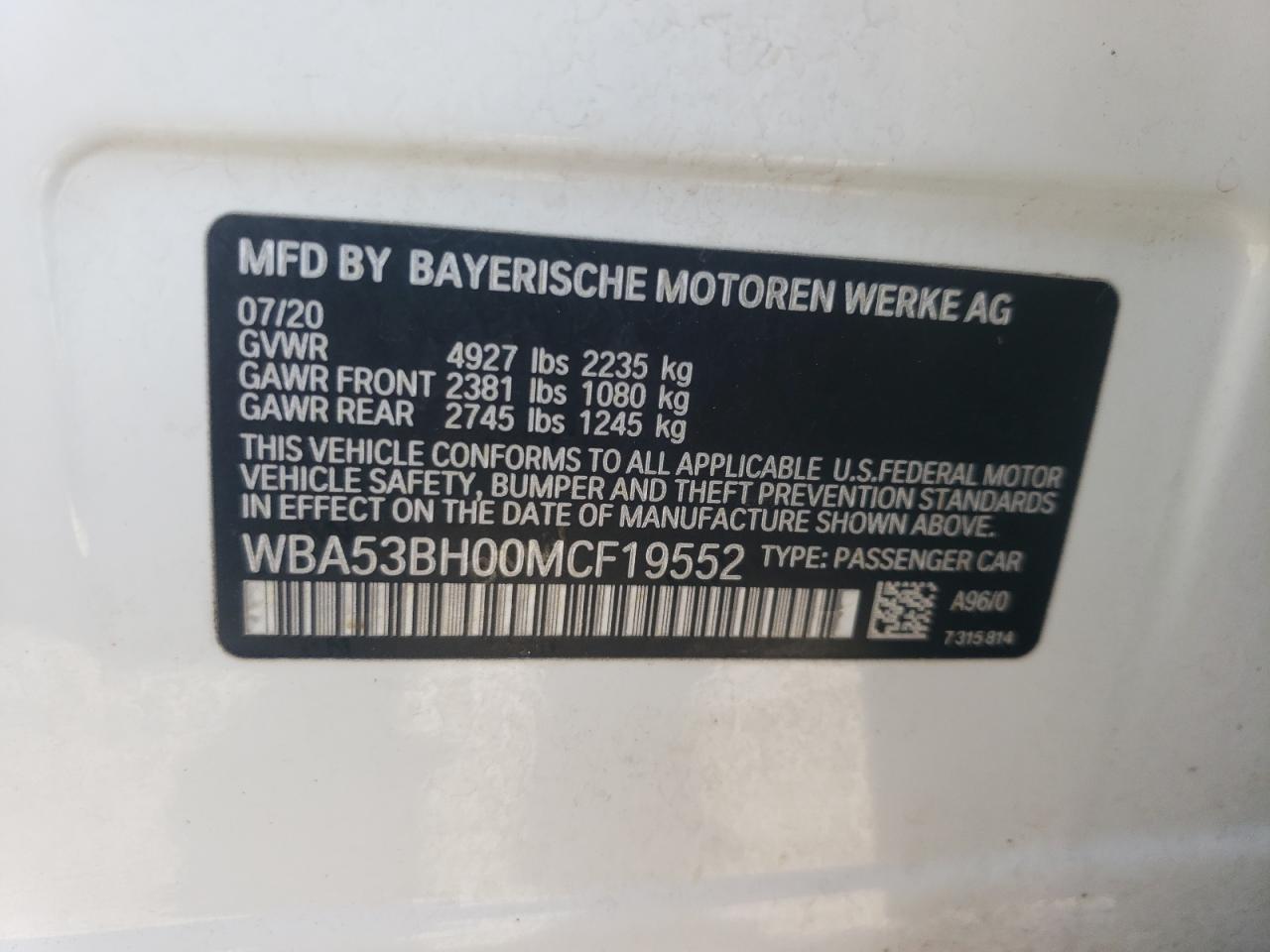 2021 BMW 530 I VIN: WBA53BH00MCF19552 Lot: 66543854