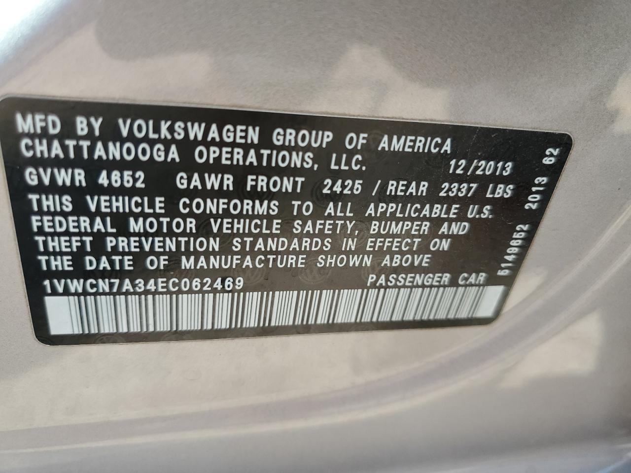 1VWCN7A34EC062469 2014 Volkswagen Passat Sel