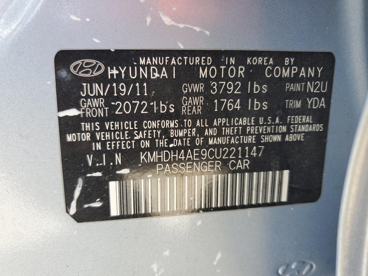 2012 Hyundai Elantra Gls VIN: KMHDH4AE9CU221147 Lot: 65354654