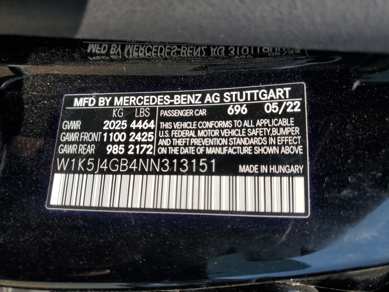 W1K5J4GB4NN313151 2022 Mercedes-Benz Cla 250