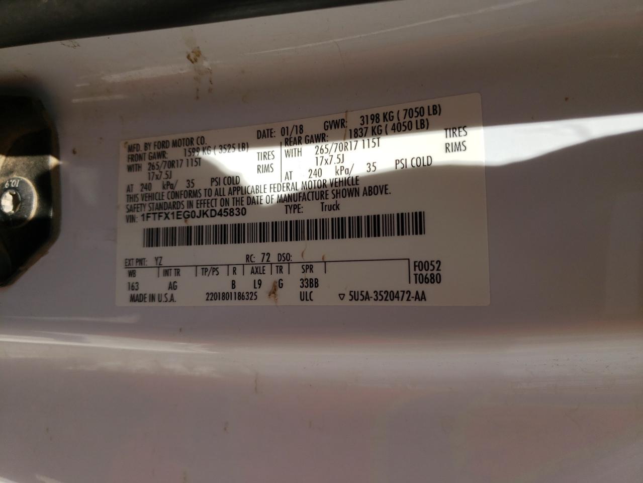 2018 Ford F150 Super Cab VIN: 1FTFX1EG0JKD45830 Lot: 69808574