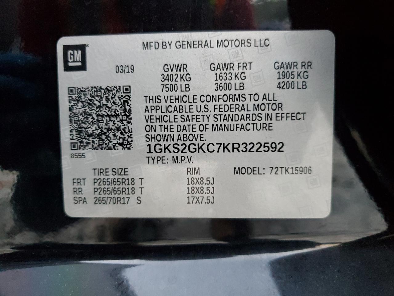 1GKS2GKC7KR322592 2019 GMC Yukon Xl K1500 Slt