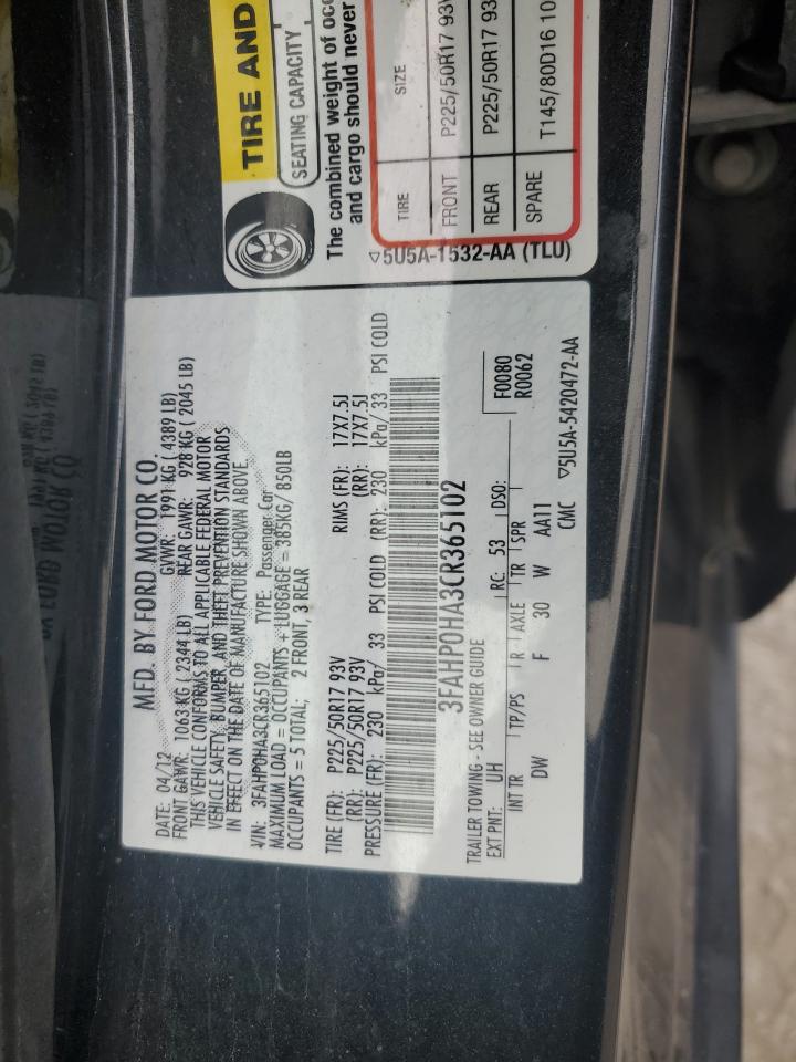 2012 Ford Fusion Se VIN: 3FAHP0HA3CR365102 Lot: 66481784