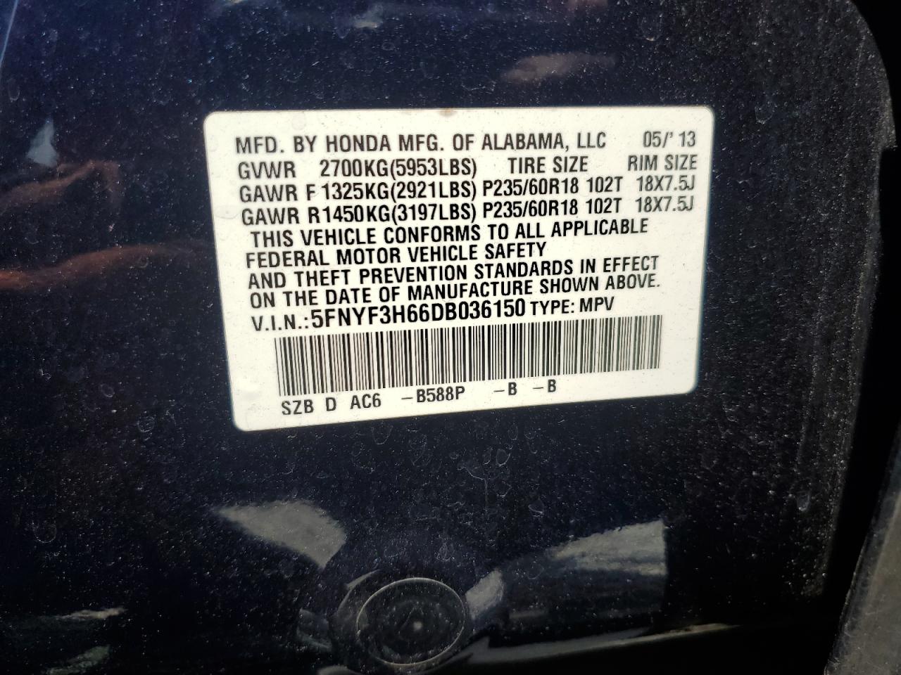 2013 Honda Pilot Exl VIN: 5FNYF3H66DB036150 Lot: 65728774