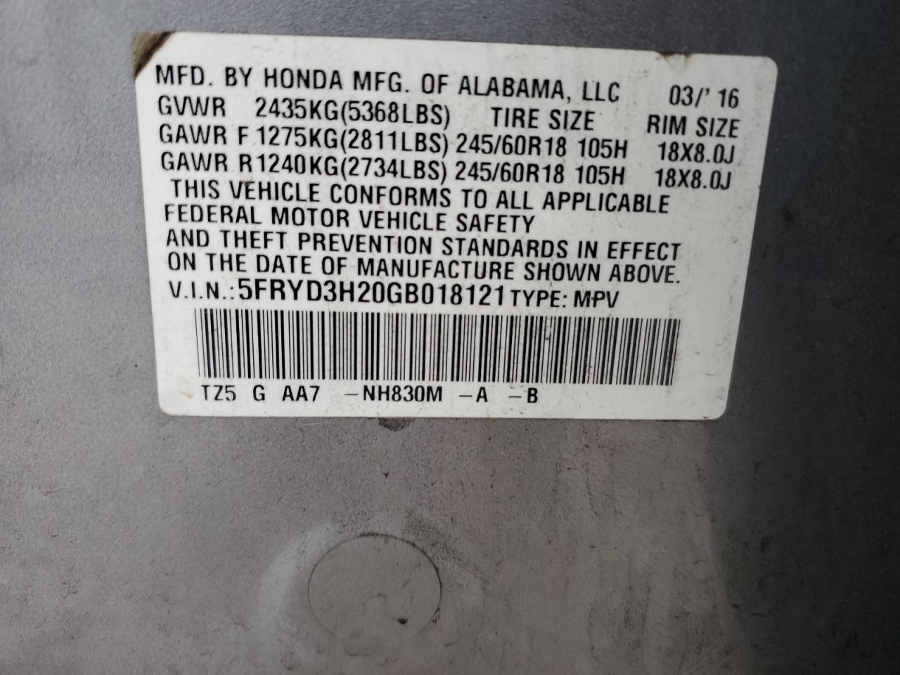 5FRYD3H20GB018121 2016 Acura Mdx