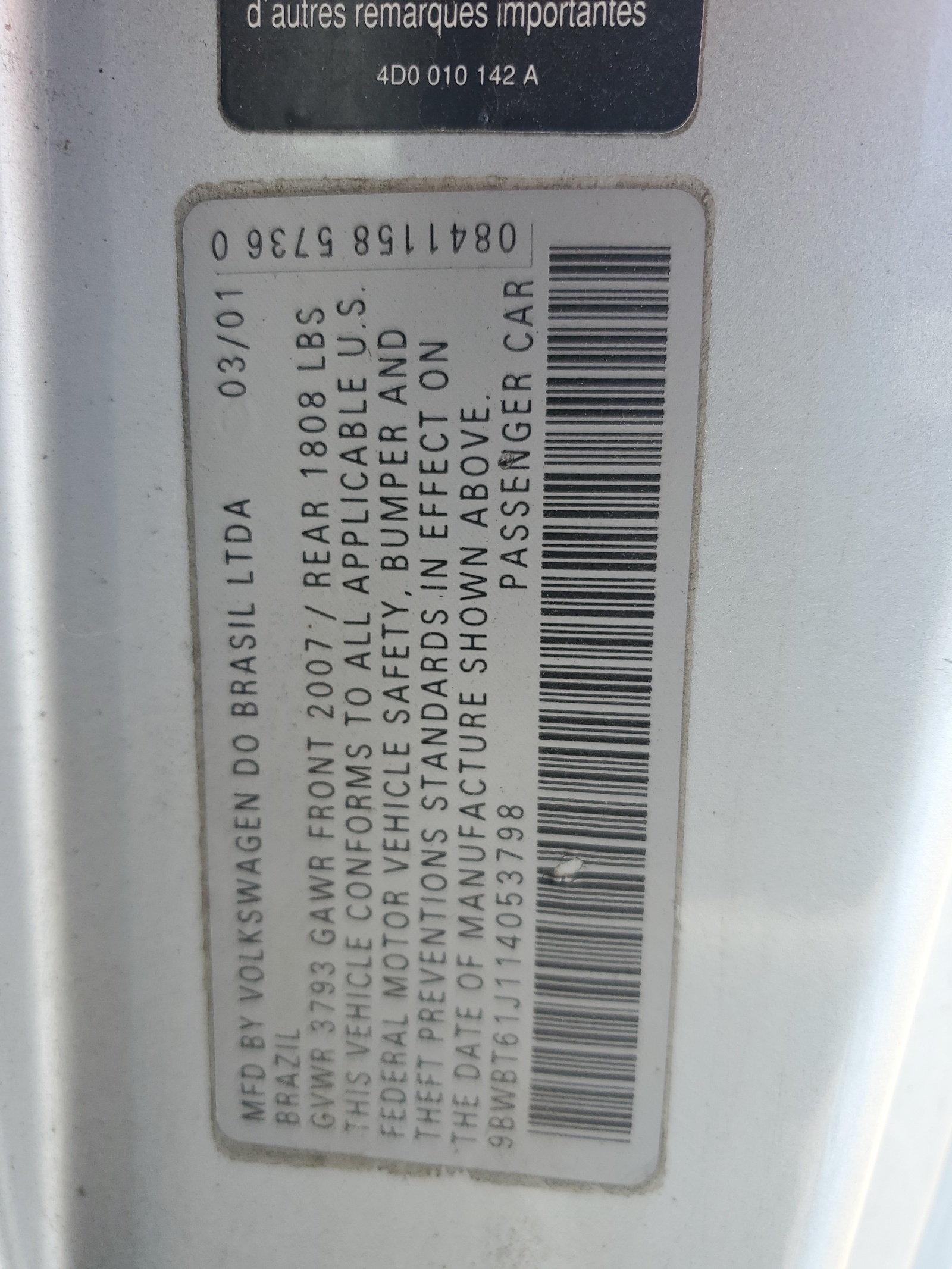 9BWBT61J114053798 2001 Volkswagen Golf Gl