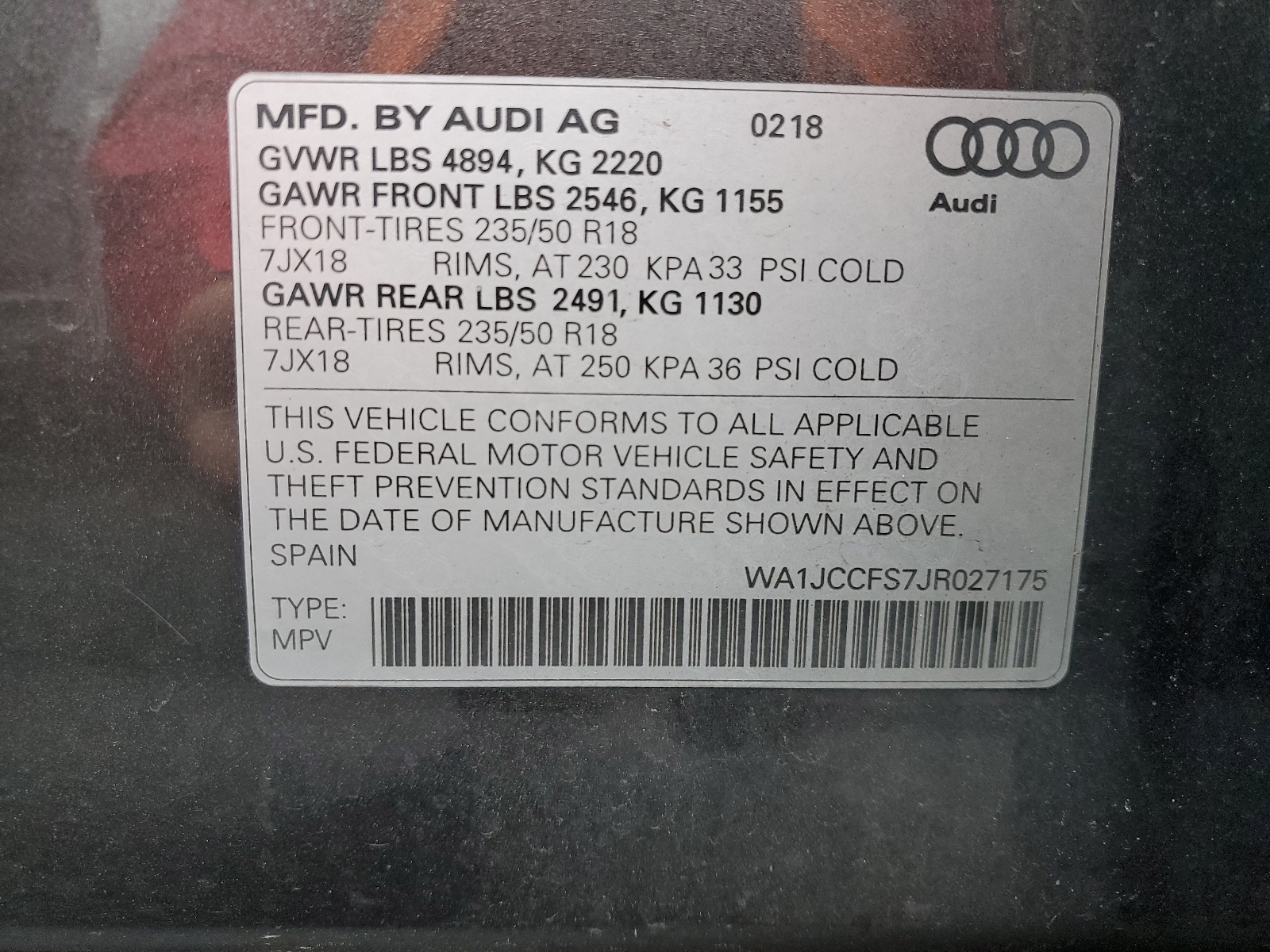 WA1JCCFS7JR027175 2018 Audi Q3 Premium Plus