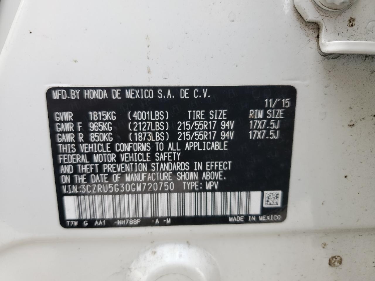 2016 Honda Hr-V Lx VIN: 3CZRU5G30GM720750 Lot: 67143564