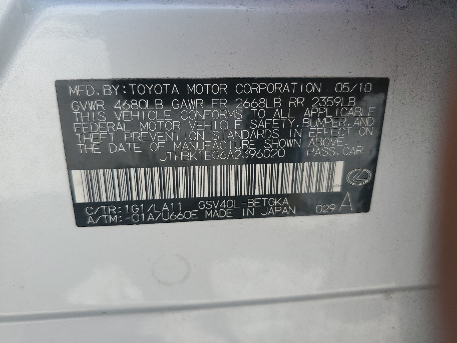 JTHBK1EG6A2396020 2010 Lexus Es 350