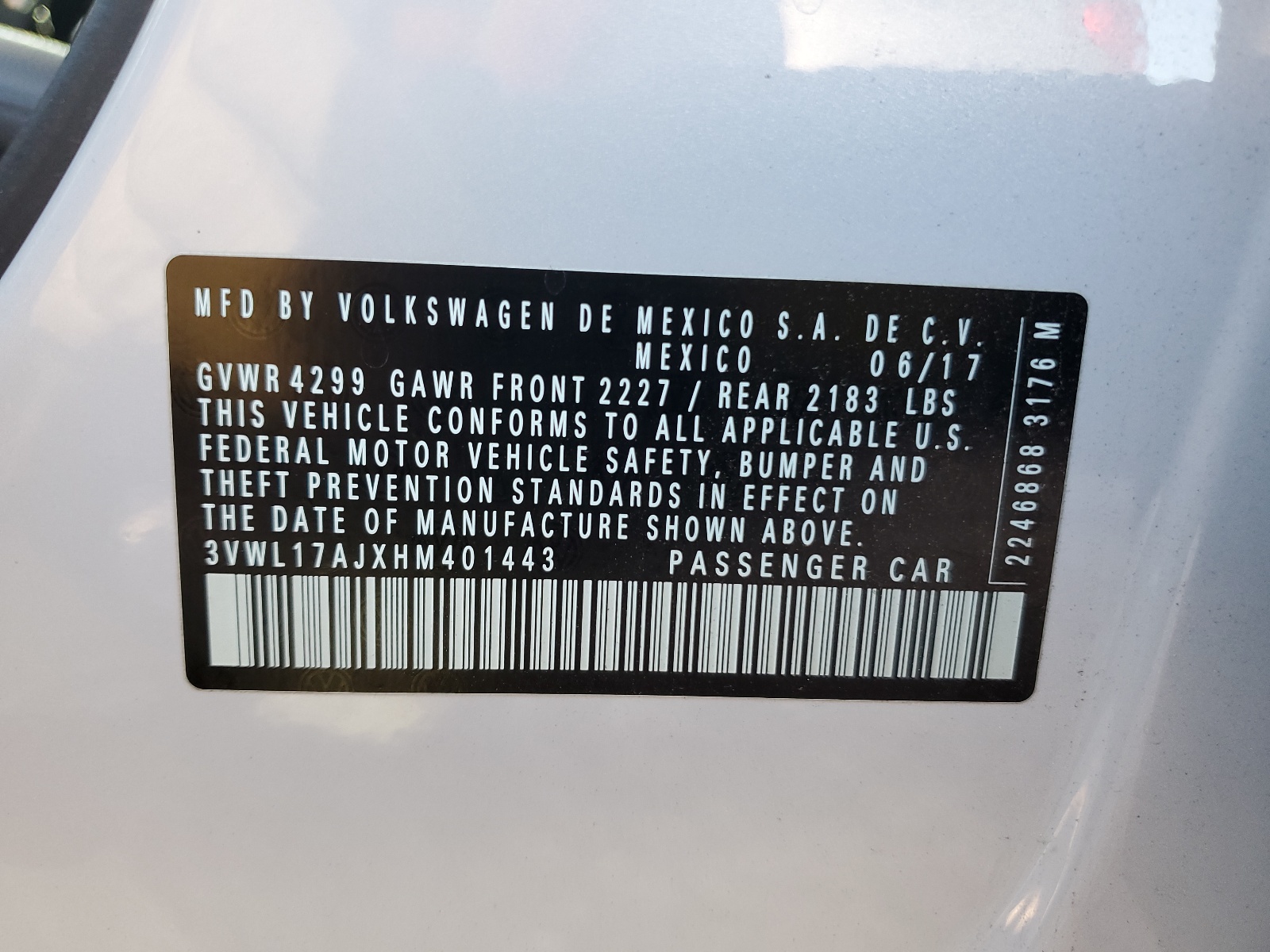 3VWL17AJXHM401443 2017 Volkswagen Jetta Sel