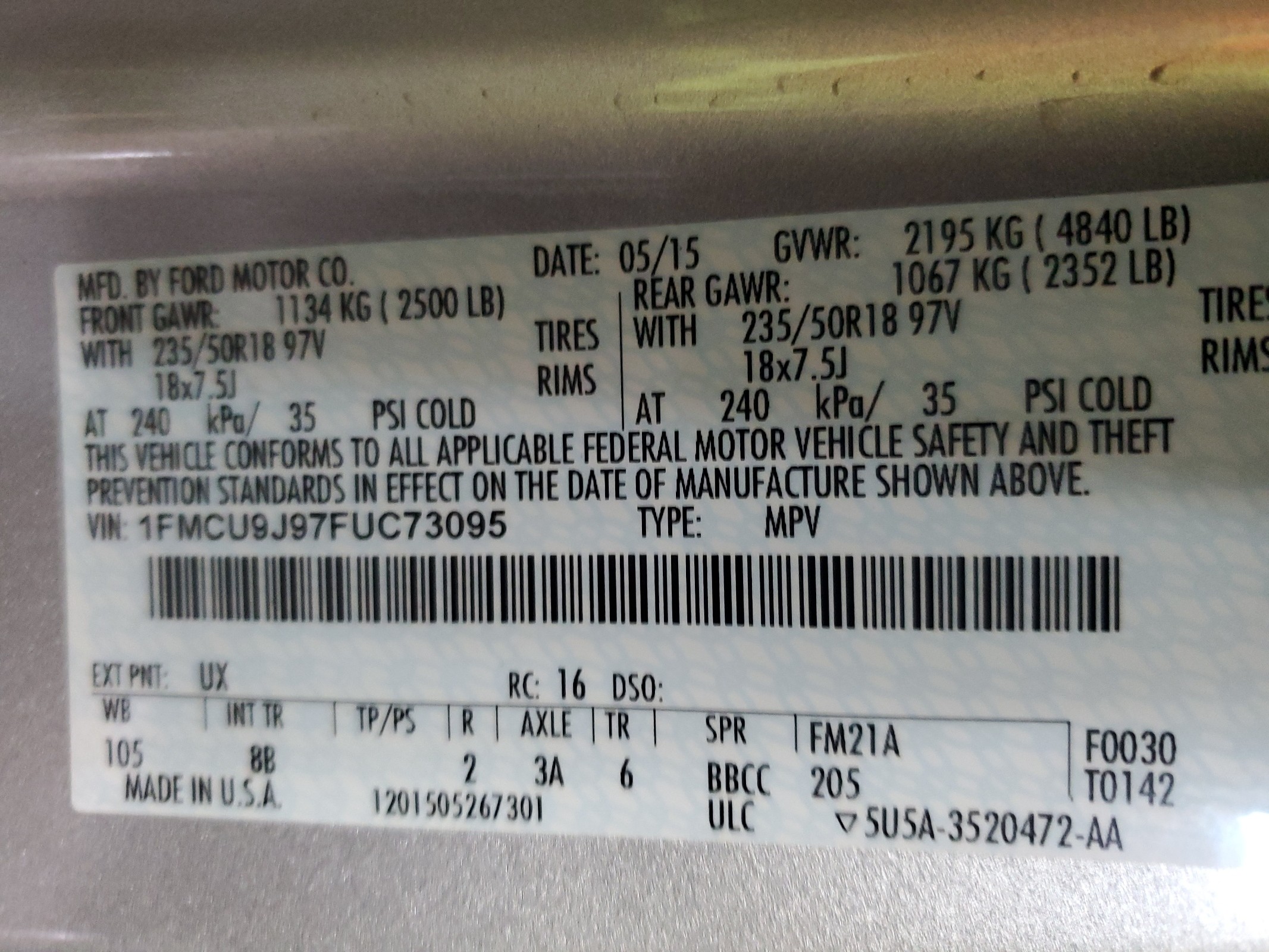 1FMCU9J97FUC73095 2015 Ford Escape Titanium