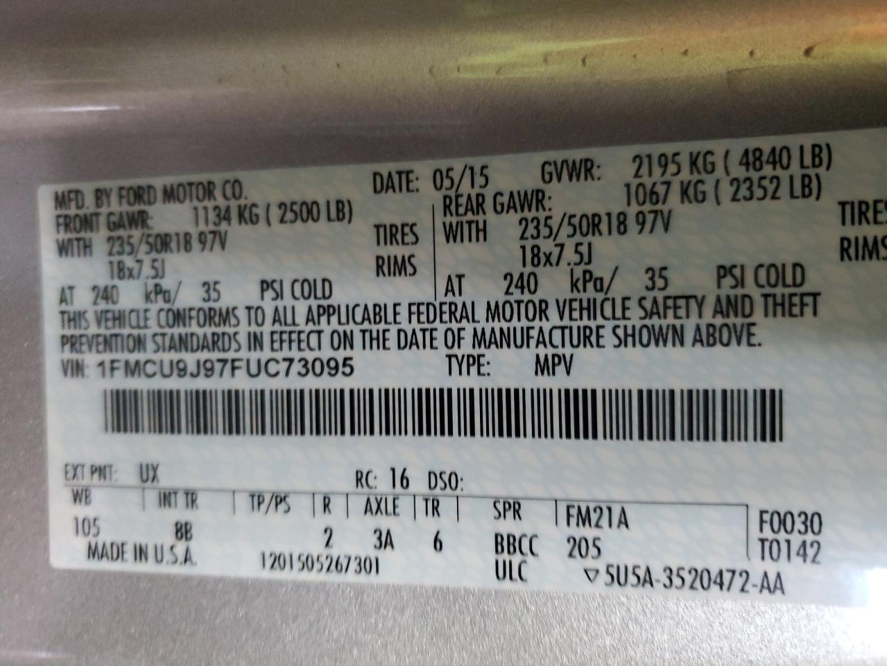 2015 Ford Escape Titanium VIN: 1FMCU9J97FUC73095 Lot: 67150554