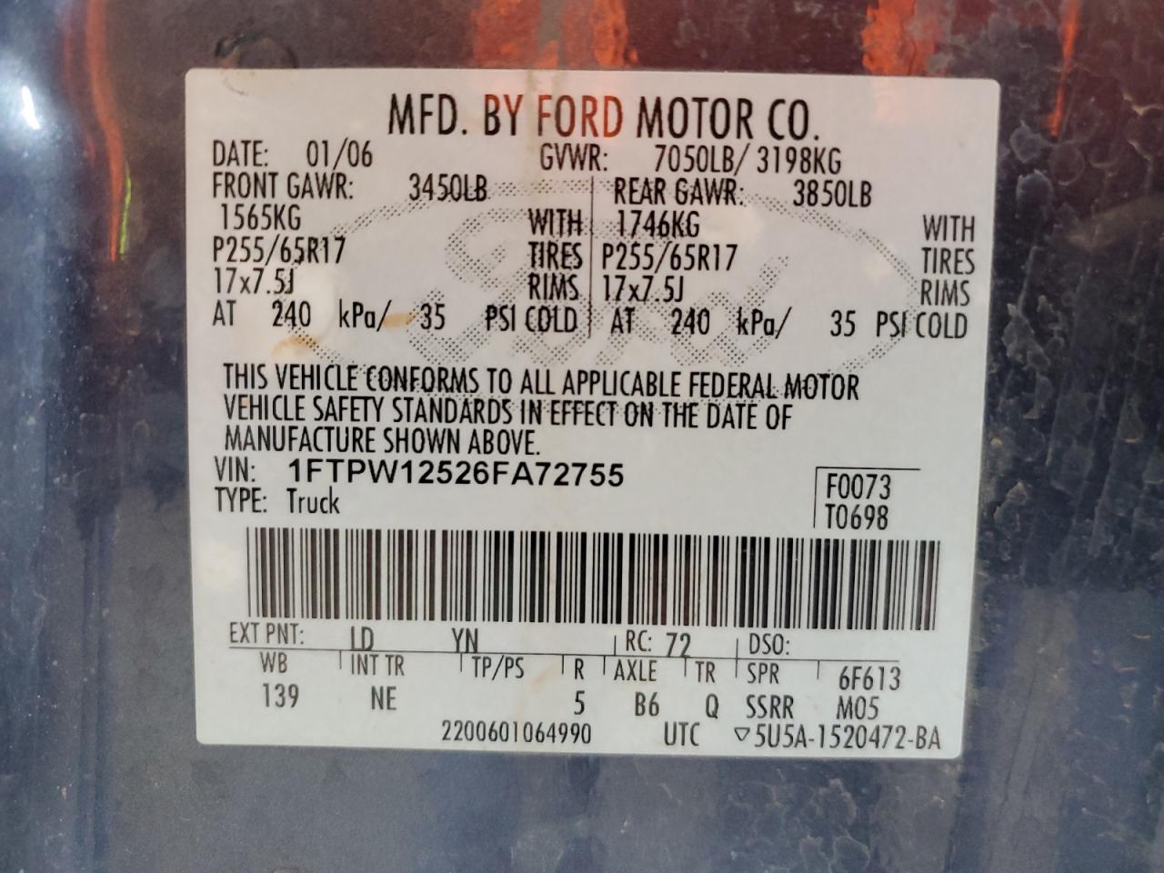 2006 Ford F150 Supercrew VIN: 1FTPW12526FA72755 Lot: 69429754