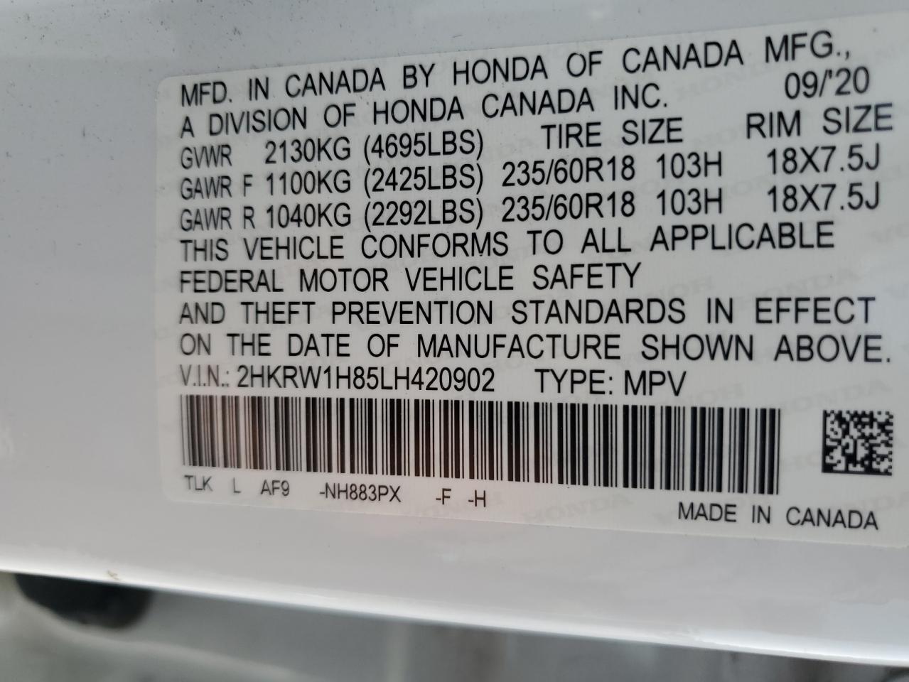 2HKRW1H85LH420902 Honda CRV CR-V EXL 13