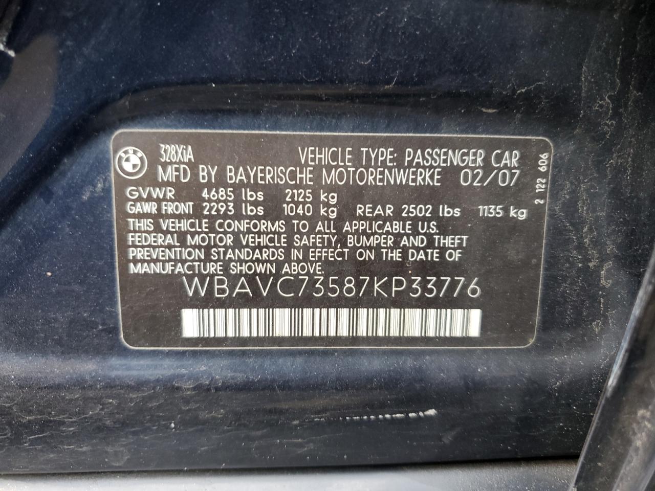 2007 BMW 328 Xi Sulev VIN: WBAVC73587KP33776 Lot: 66964284