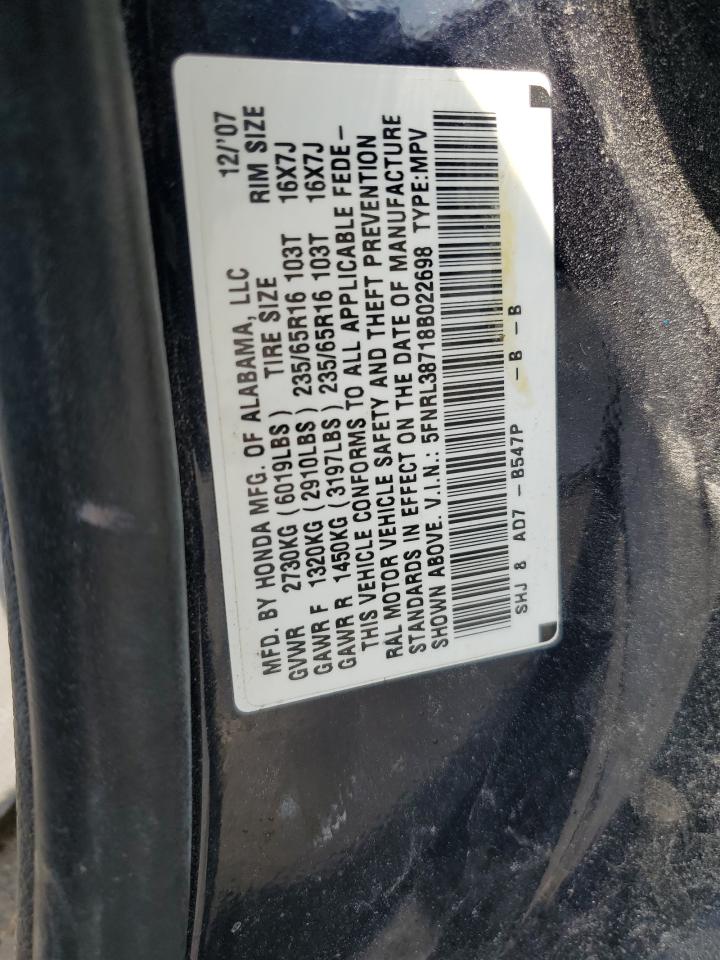 5FNRL38718B022698 2008 Honda Odyssey Exl