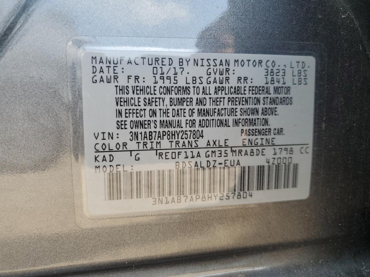 3N1AB7AP8HY257804 2017 Nissan Sentra S