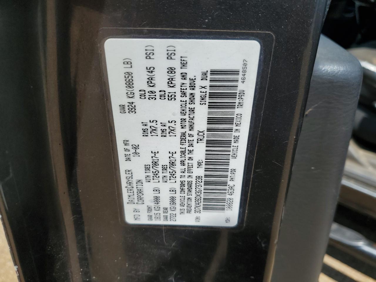 2003 Dodge Ram 2500 St VIN: 3D7KA26DX3G737238 Lot: 66437724