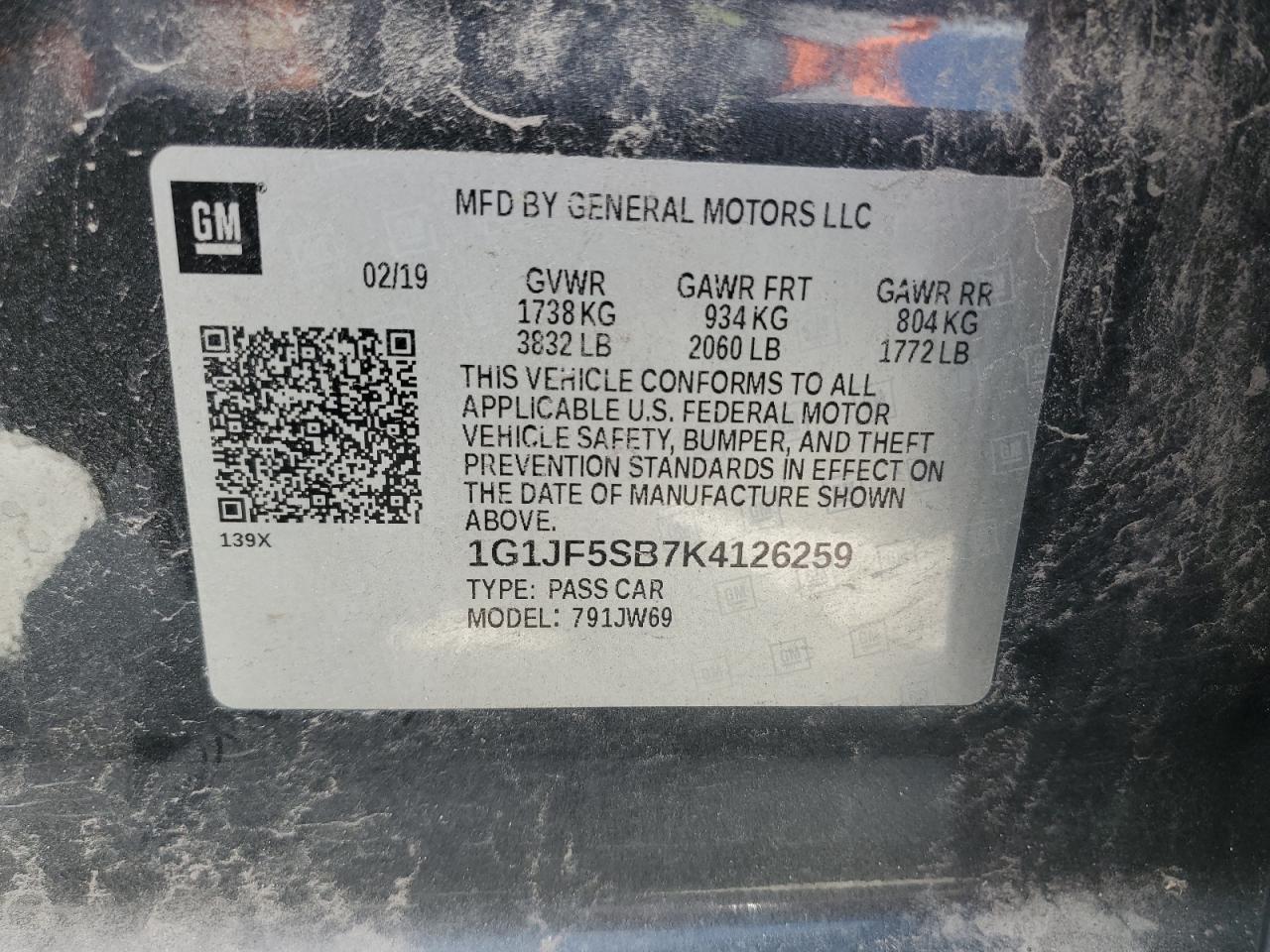 1G1JF5SB7K4126259 2019 Chevrolet Sonic Premier