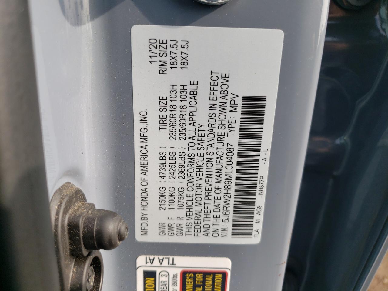 2021 Honda Cr-V Exl VIN: 5J6RW2H89ML004087 Lot: 67886434