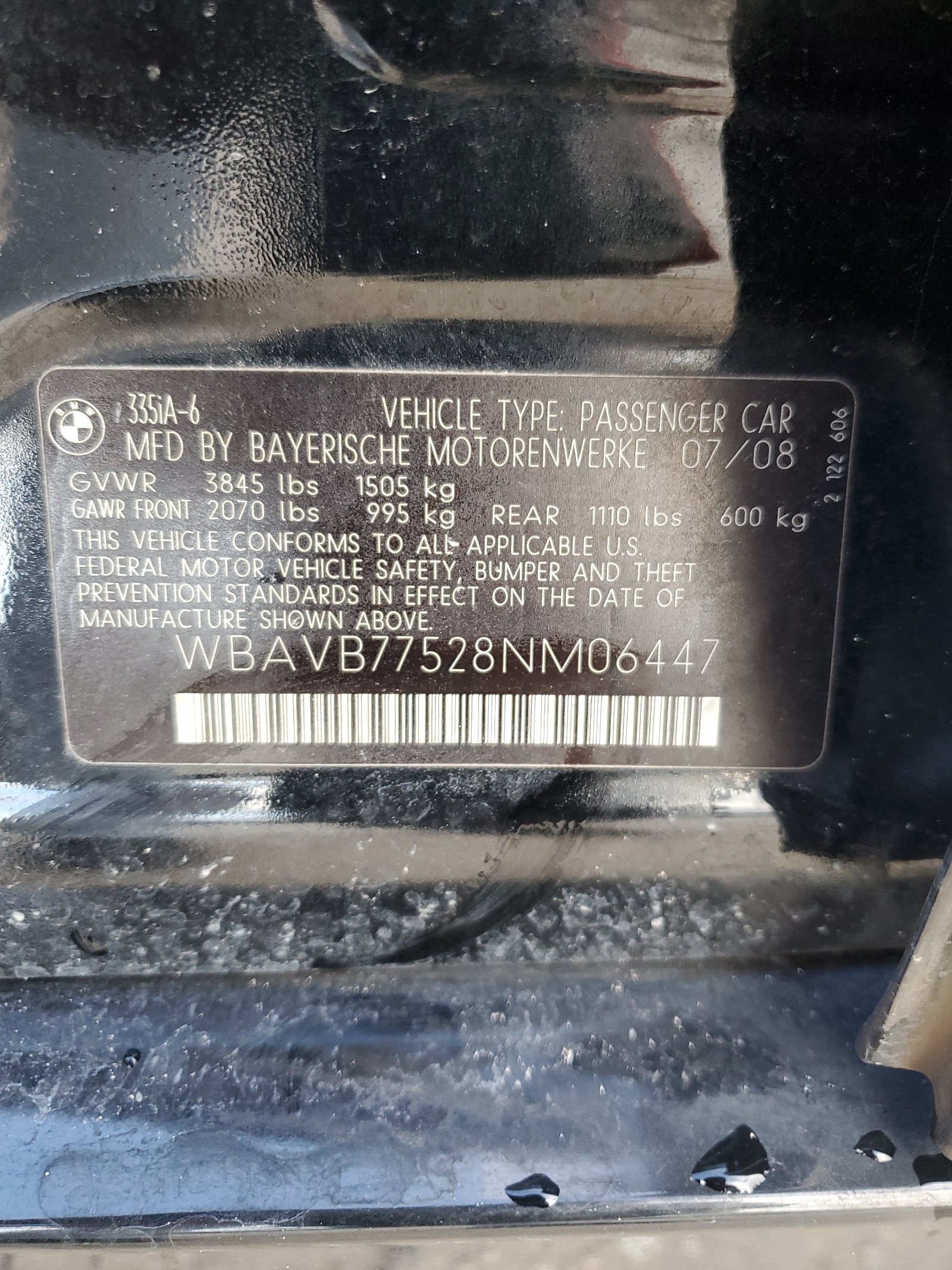 WBAVB77528NM06447 2008 BMW 335 I