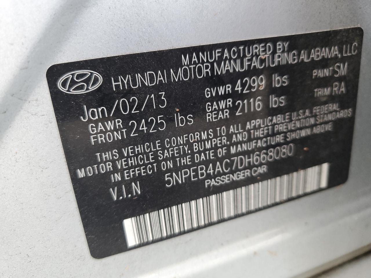 2013 Hyundai Sonata Gls VIN: 5NPEB4AC7DH668080 Lot: 65771944