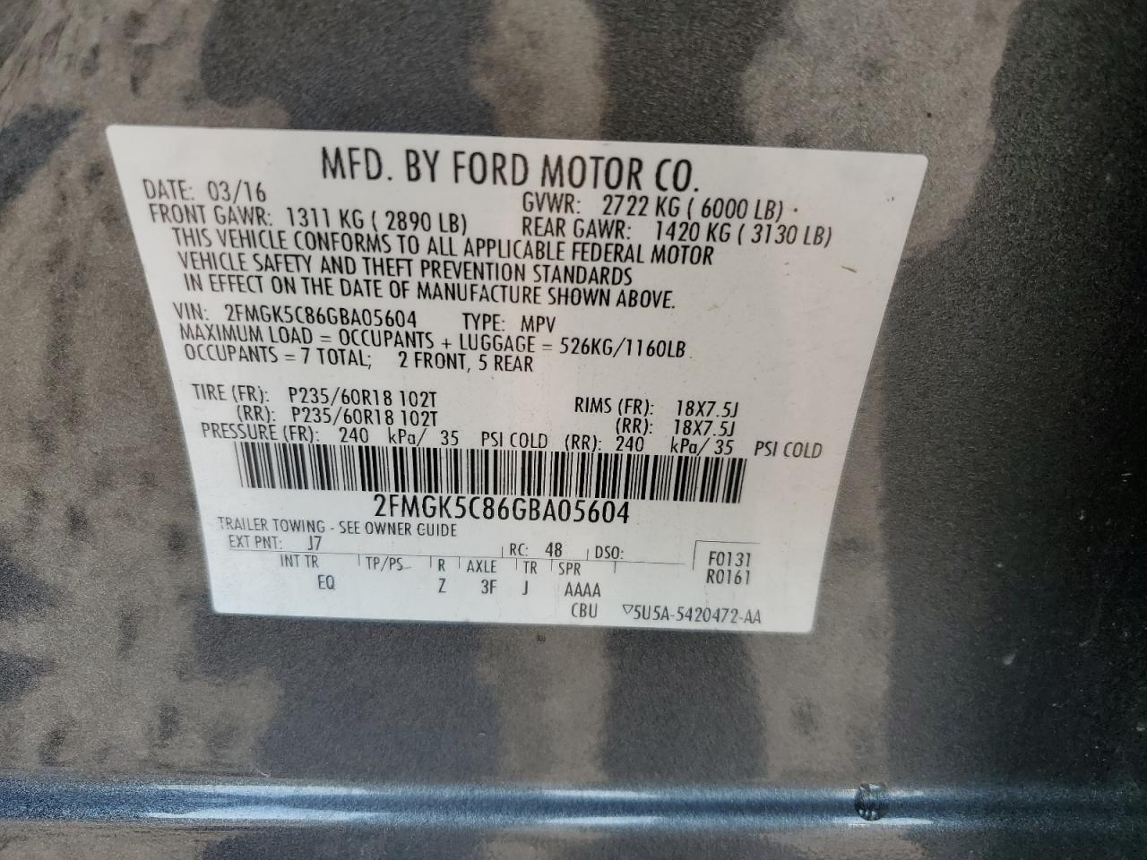 2FMGK5C86GBA05604 2016 Ford Flex Sel