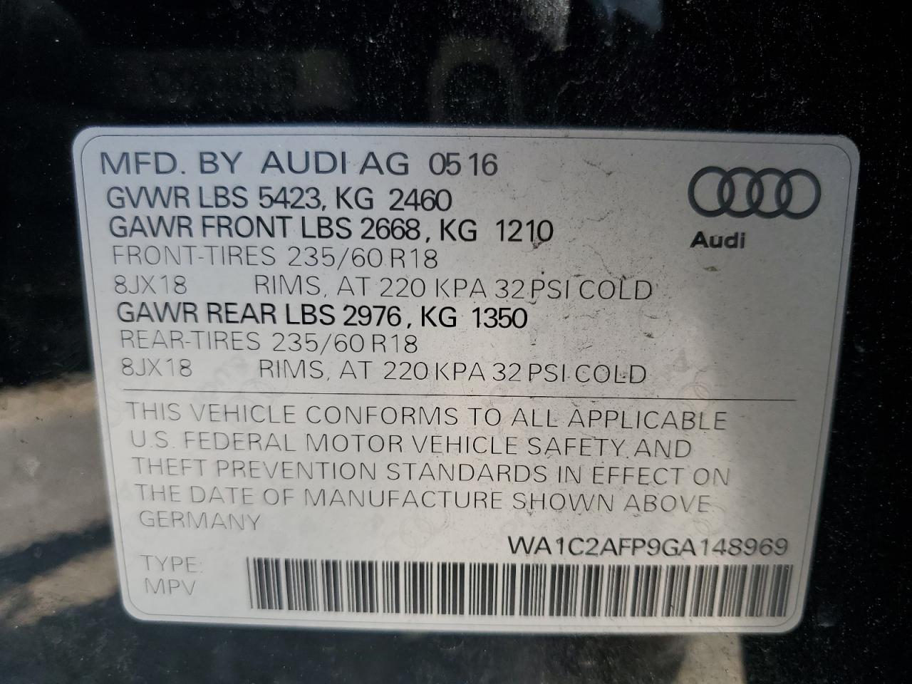 2016 Audi Q5 Premium VIN: WA1C2AFP9GA148969 Lot: 65094394