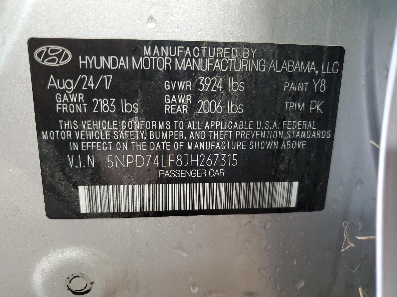 2018 Hyundai Elantra Se VIN: 5NPD74LF8JH267315 Lot: 67269184