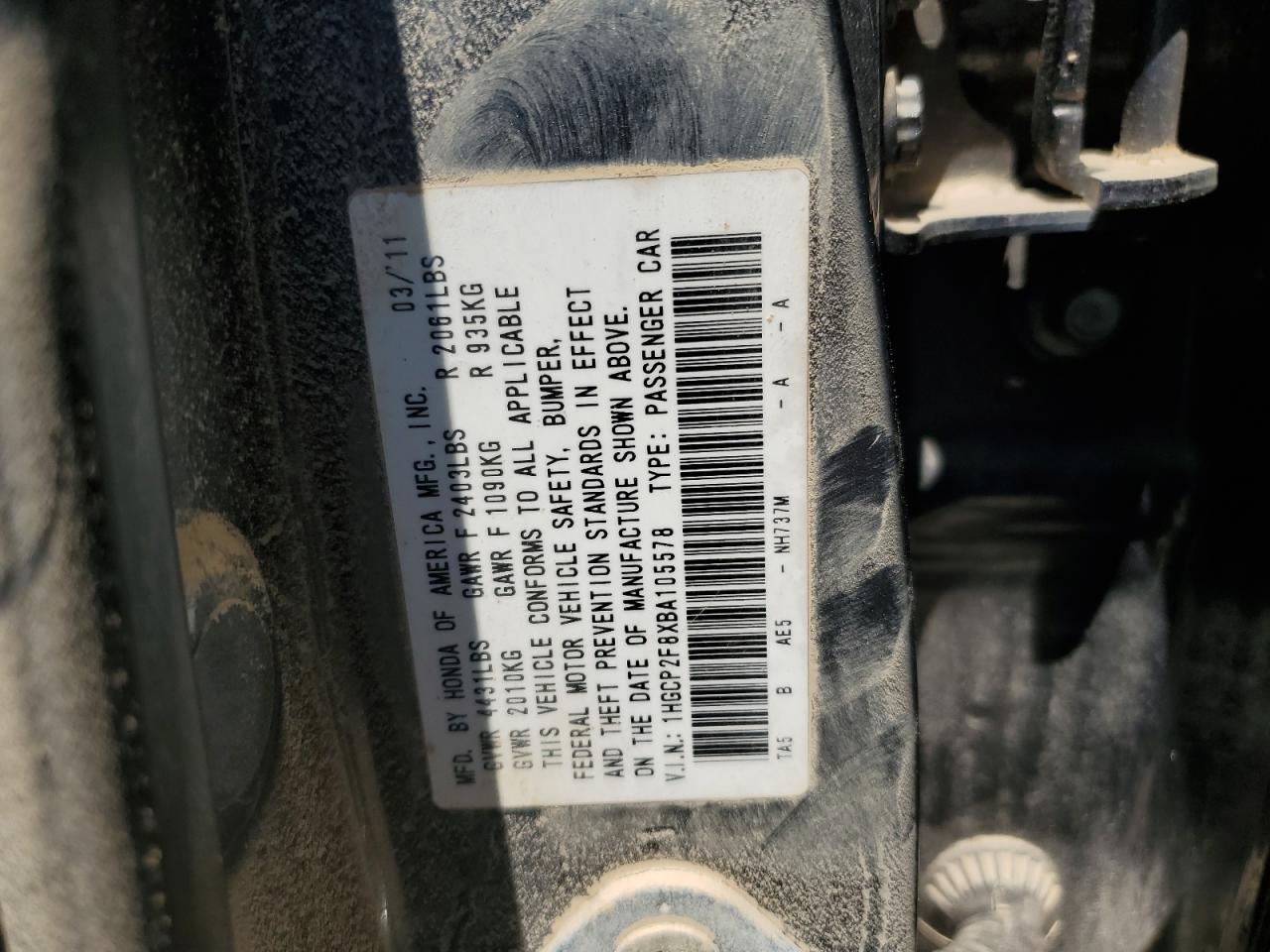 1HGCP2F8XBA105578 2011 Honda Accord Exl