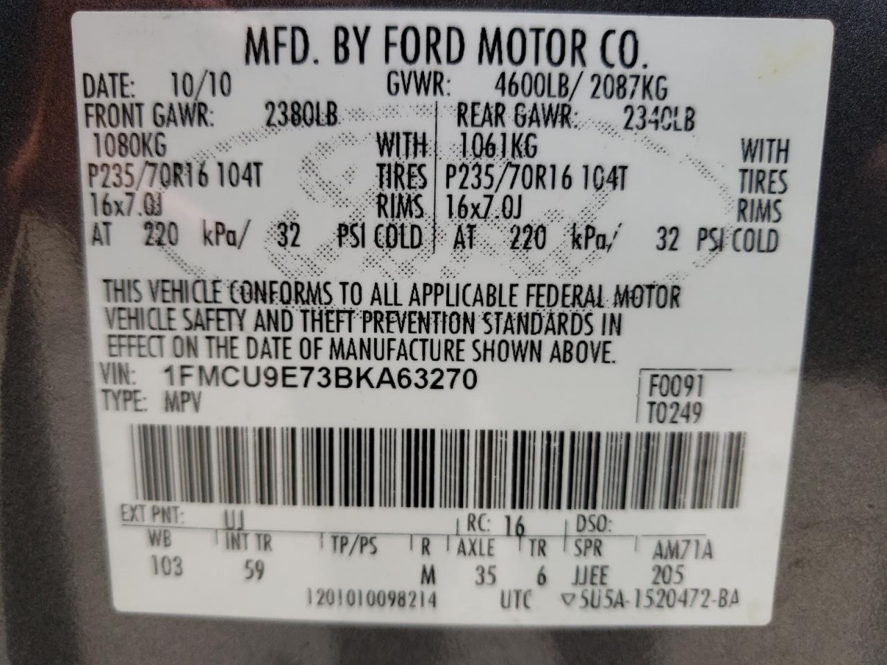 1FMCU9E73BKA63270 2011 Ford Escape Limited