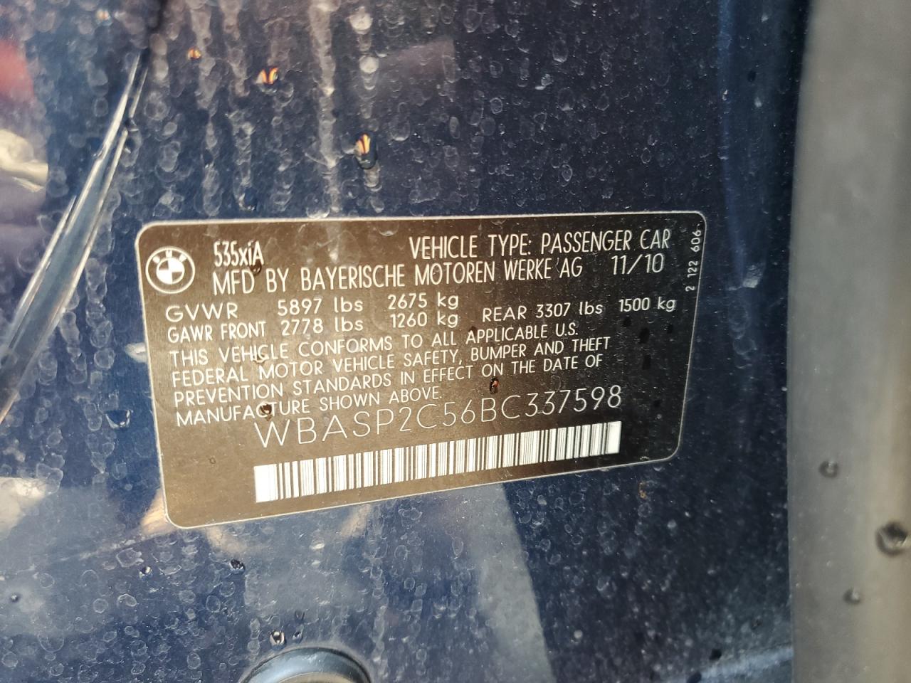 2011 BMW 535 Xigt VIN: WBASP2C56BC337598 Lot: 65466374