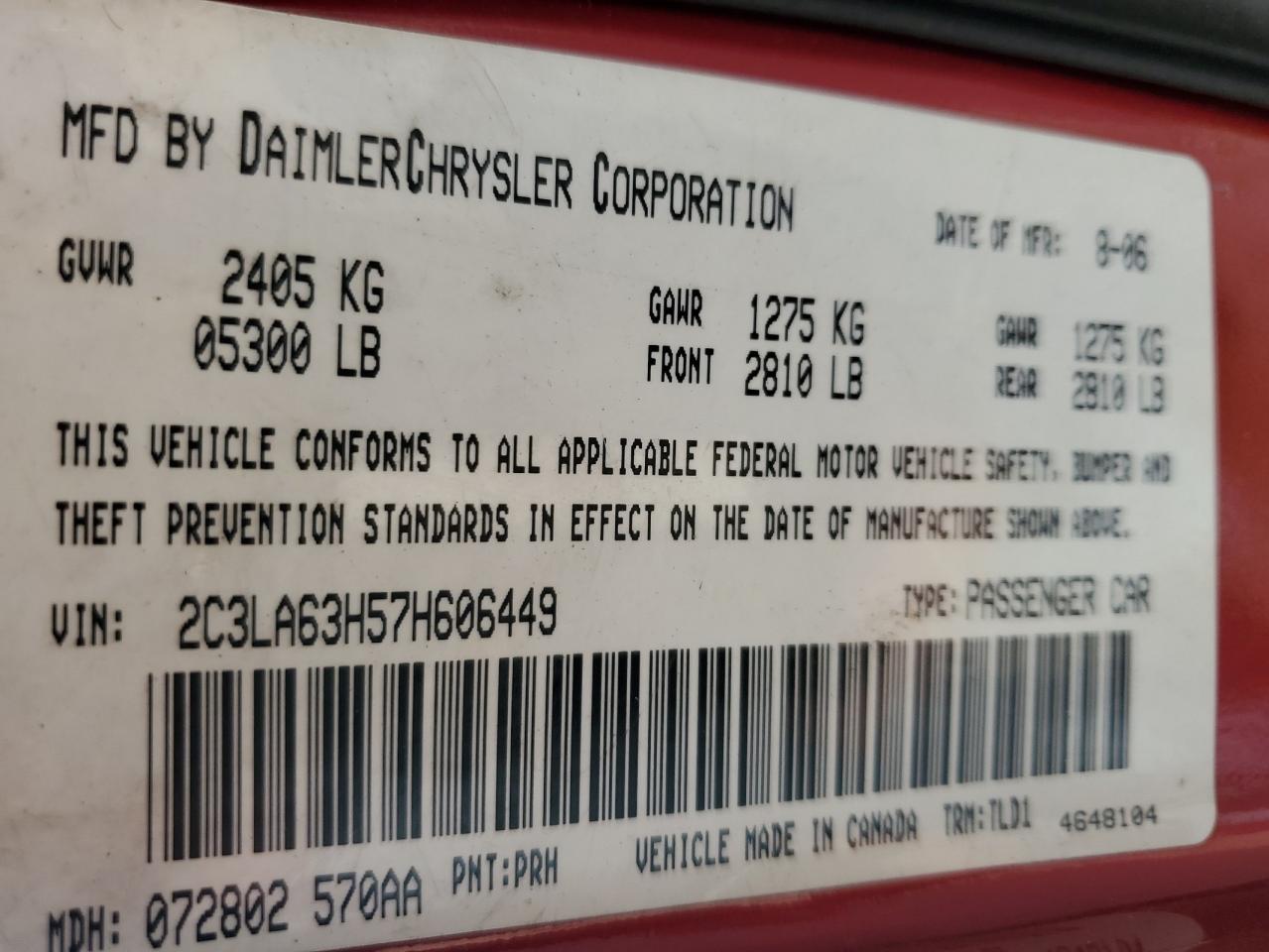 2007 Chrysler 300C VIN: 2C3LA63H57H606449 Lot: 67542204