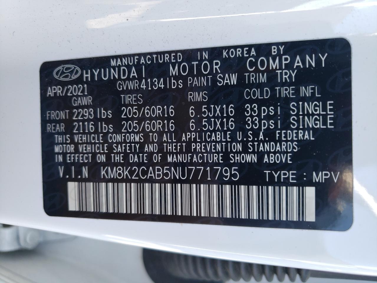 2022 Hyundai Kona Sel VIN: KM8K2CAB5NU771795 Lot: 67078594