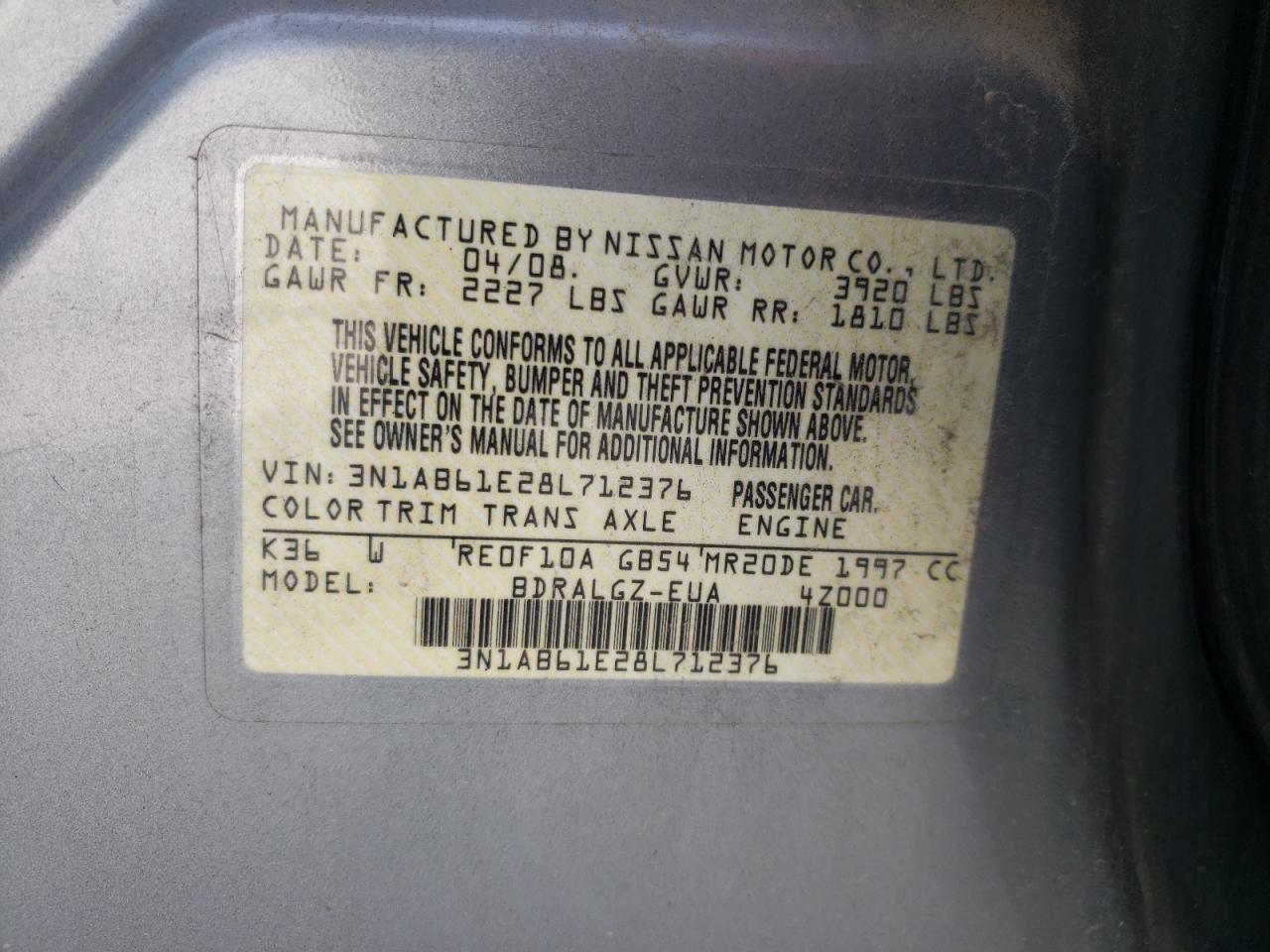 2008 Nissan Sentra 2.0 VIN: 3N1AB61E28L712376 Lot: 66159684