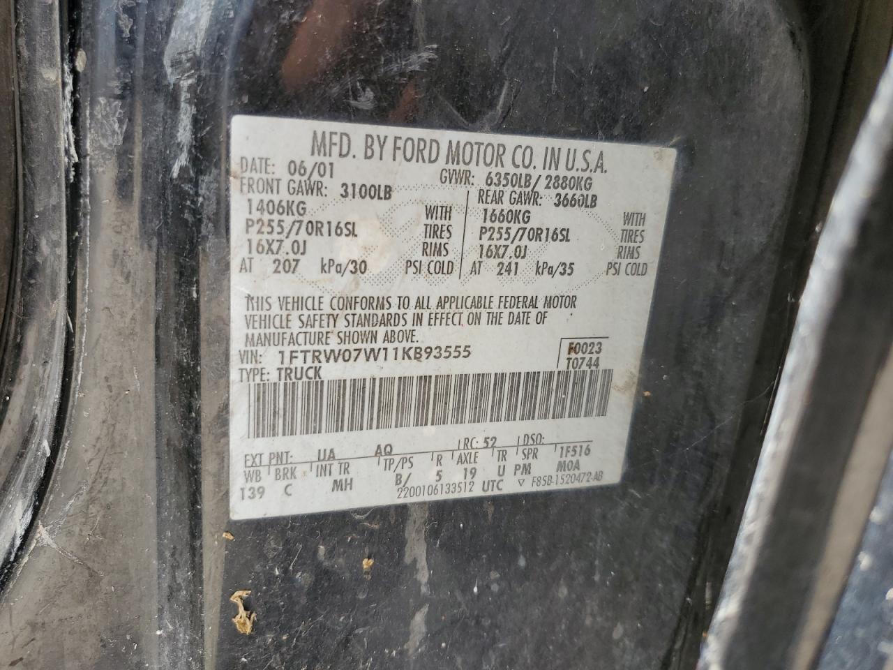 2001 Ford F150 Supercrew VIN: 1FTRW07W11KB93555 Lot: 66518314