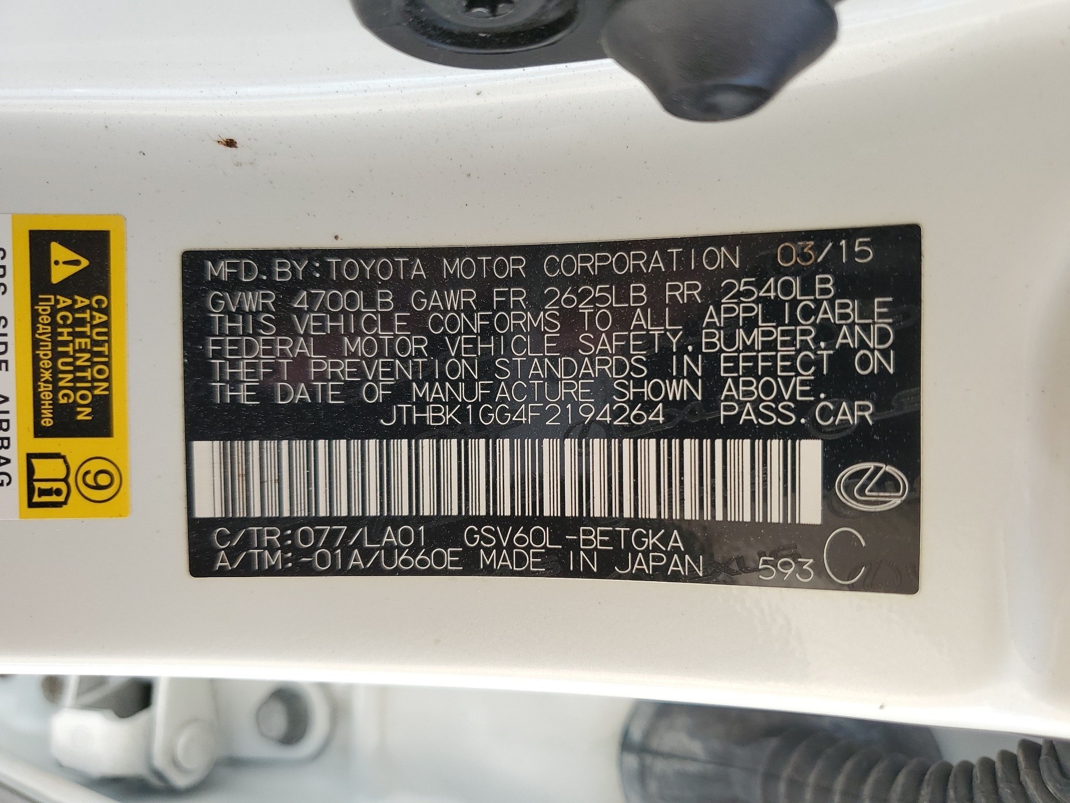 JTHBK1GG4F2194264 2015 Lexus Es 350