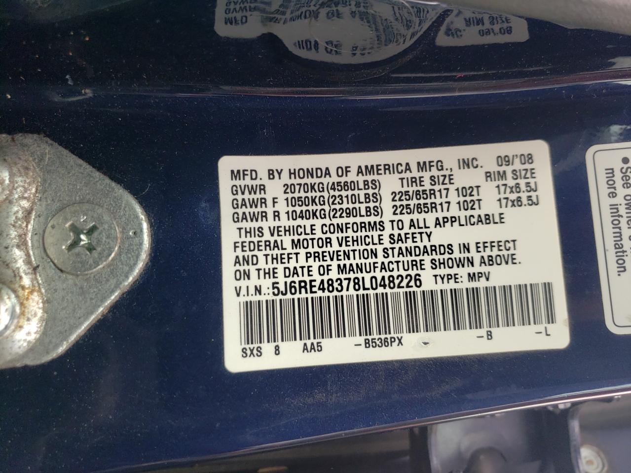 2008 Honda Cr-V Lx VIN: 5J6RE48378L048226 Lot: 68497564