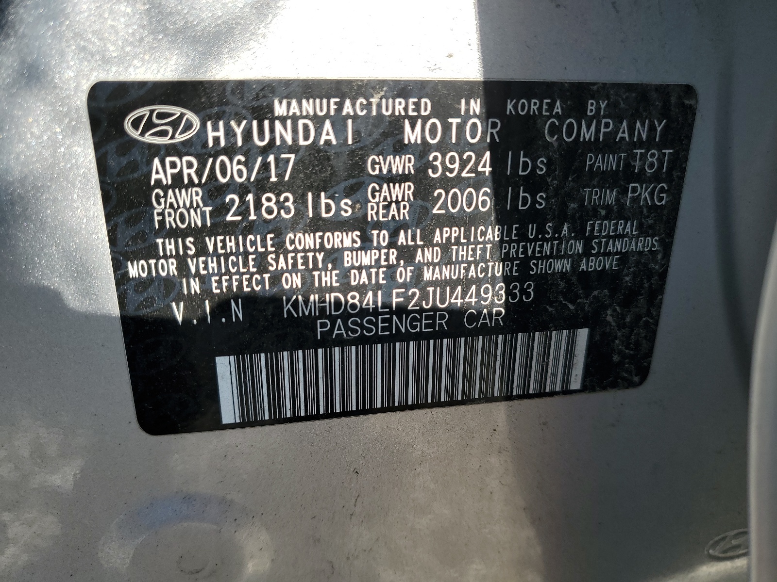 KMHD84LF2JU449333 2018 Hyundai Elantra Sel