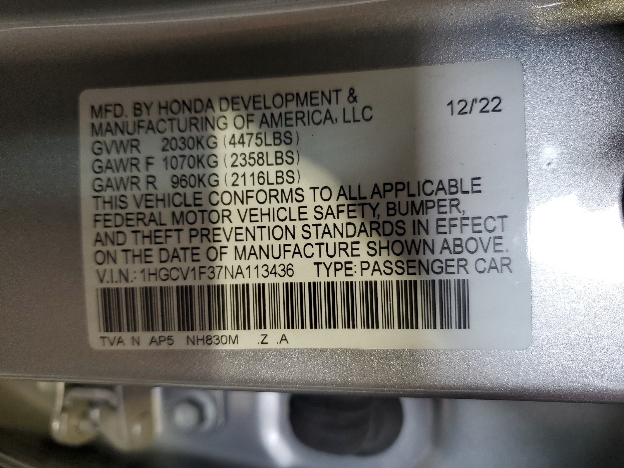 1HGCV1F37NA113436 2022 Honda Accord Sport