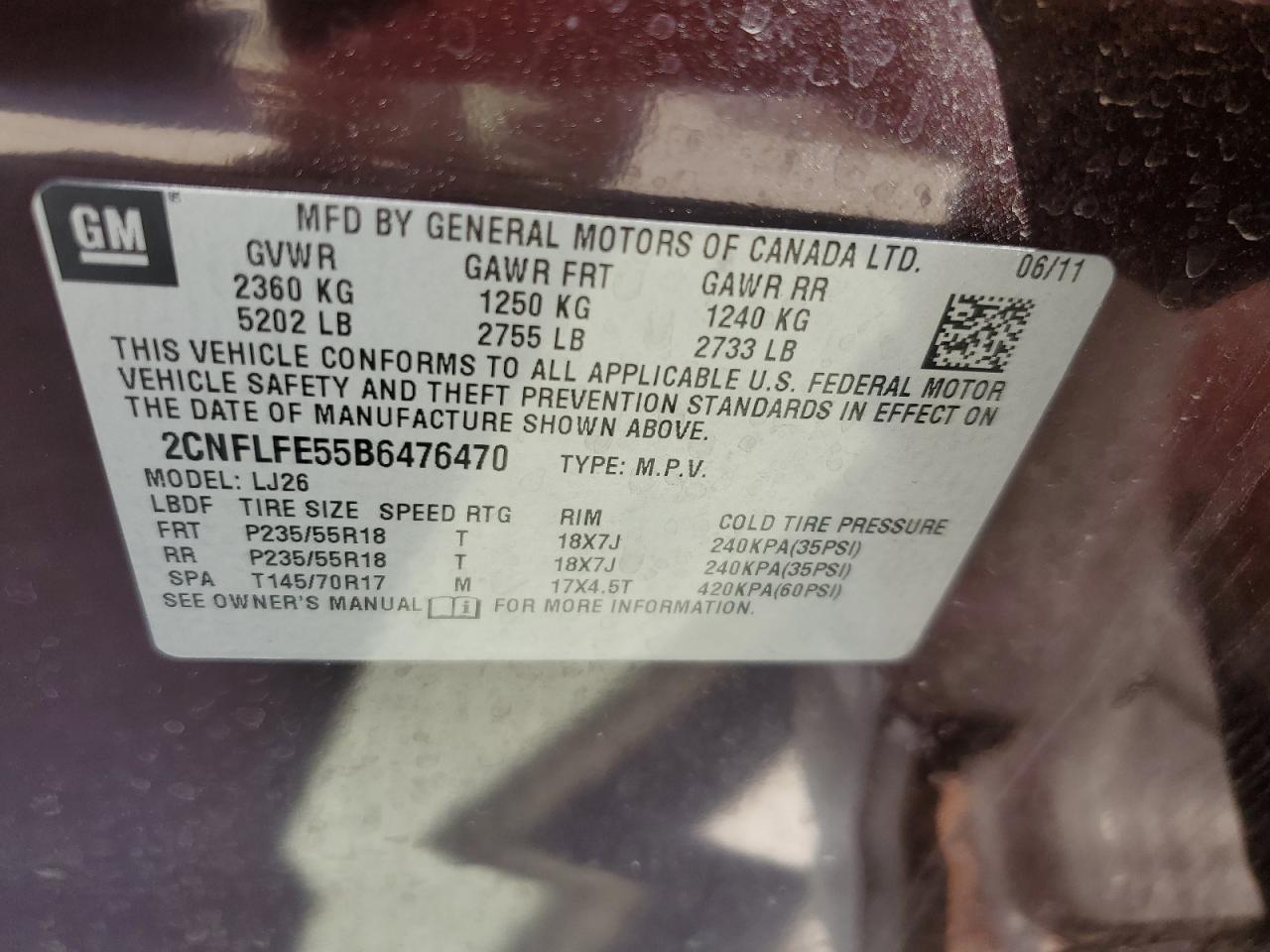 2CNFLFE55B6476470 2011 Chevrolet Equinox Ltz