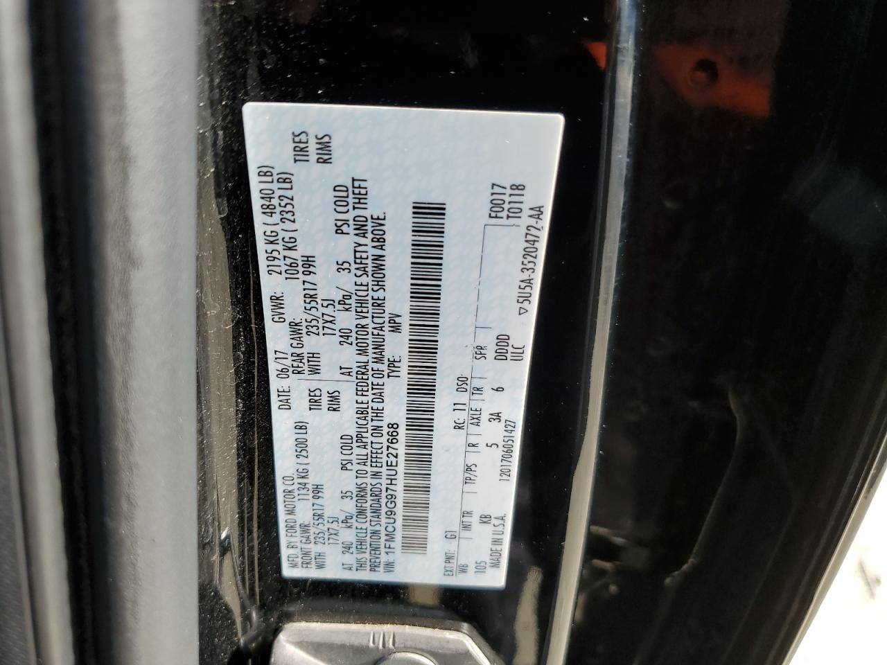 2017 Ford Escape Se VIN: 1FMCU9G97HUE27668 Lot: 66842404